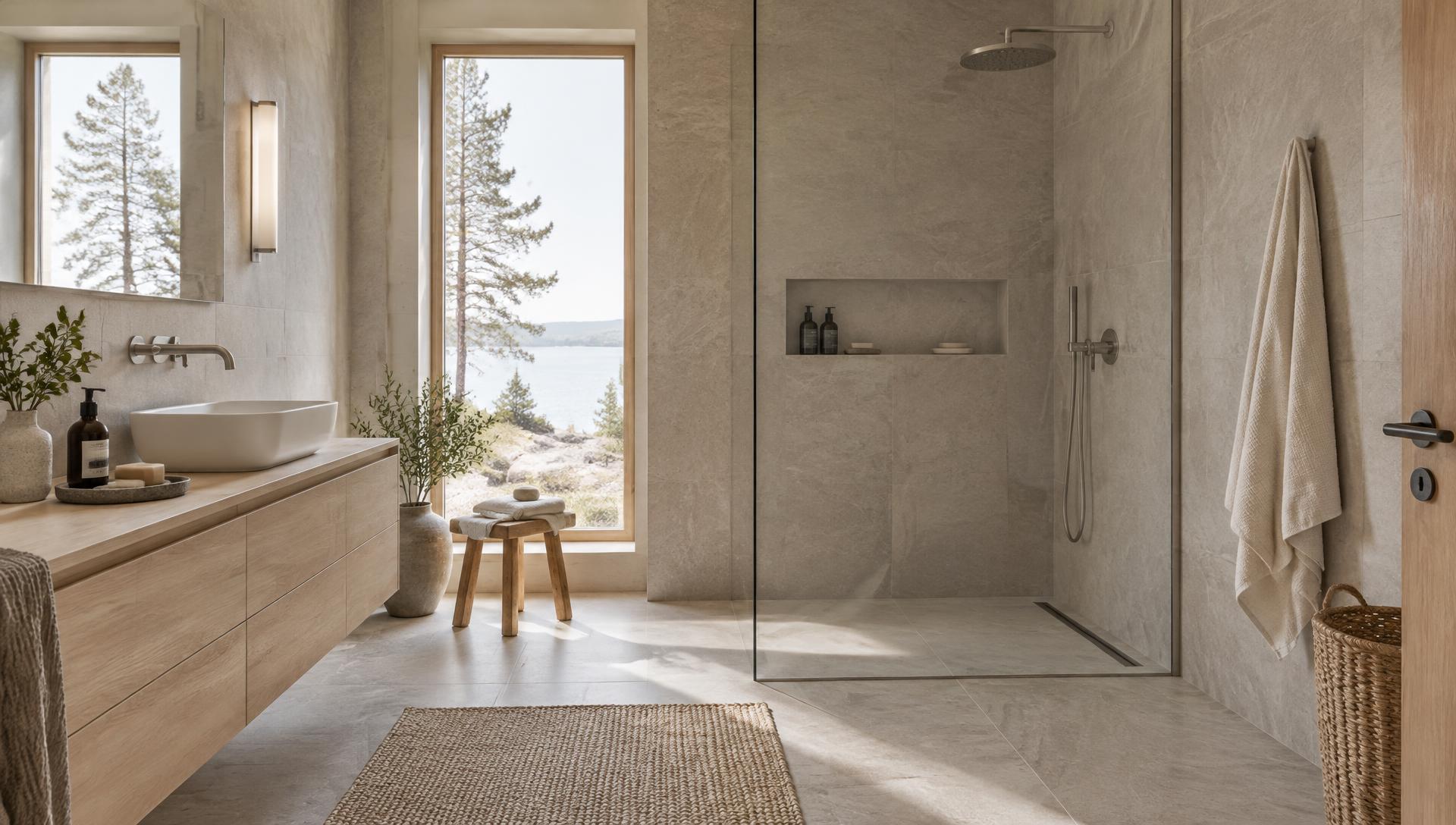 Lyst skandinavisk bad med eikeinnredning, store fliser og walk-in-dusj (illustrasjon)